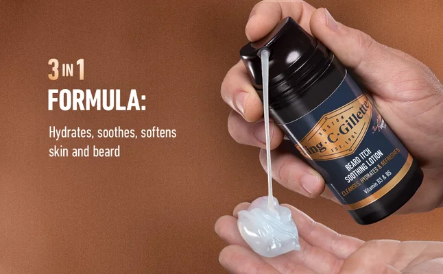King C. Gillette Beard Itch Soothing Lotion with a 3in1 formula is dispensed onto fingertips.