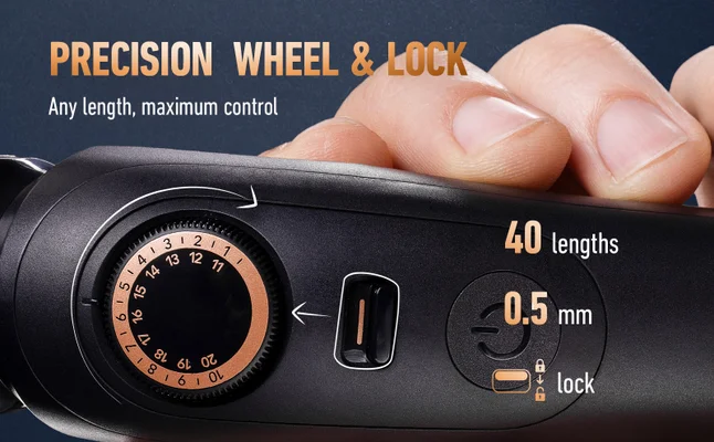 Trimmer Pro Max and list of benefits such as precision wheel, 40 lengths, and lock.