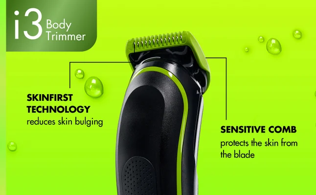 GilletteLabs Body i3 Trimmer with text about features such as SkinFirst Technology.