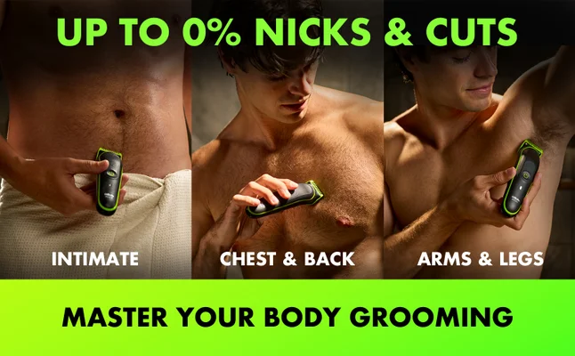 Man trimming intimate area, chest, and underarm with GilletteLabs Body i3 Trimmer.