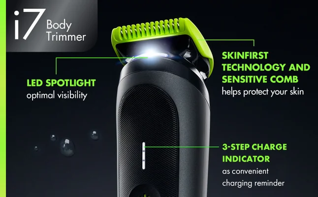 GilletteLabs Body i7 Trimmer with text about features such as SkinFirst Technology.