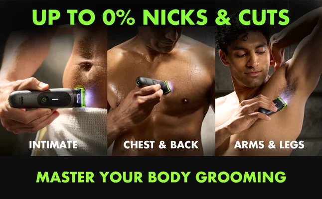 Man trimming intimate area, chest, and underarm with GilletteLabs Body i7 Trimmer.