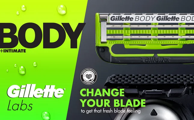 Close up of GilletteLabs Body Razor cartridge with text about changing your blade.