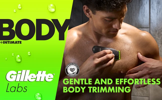 Man trims his chest with i5 Body Trimmer. Text: Gentle and effortless body trimming.