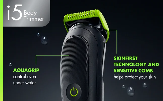 GilletteLabs Body i5 Trimmer with text about features such as SkinFirst Technology.