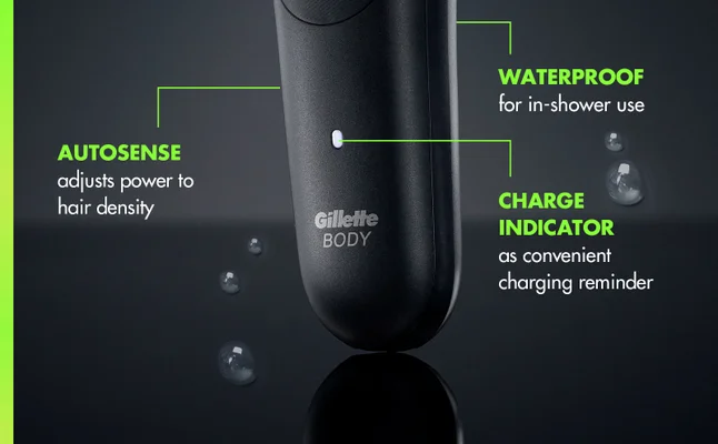 Lower part of GilletteLabs Body i5 Trimmer that is waterproof and has a charge indicator.