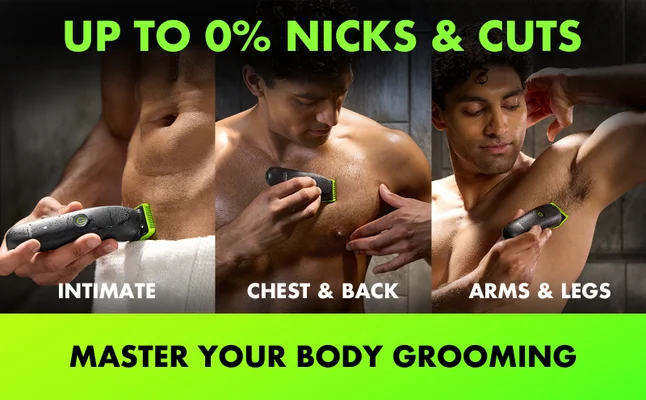 GilletteLabs Body i5 Body Trimmer on neon green background; GilletteLabs Body i7 Body Trimmer on neon green background; GilletteLabs Body i5 Body Trimmer + razor Combo on neon green background; GilletteLabs Body + Intimate Razor on neon green background.
