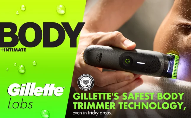 Man trims his stomach with i7 Body Trimmer with Gillette's safest body trimmer technology.