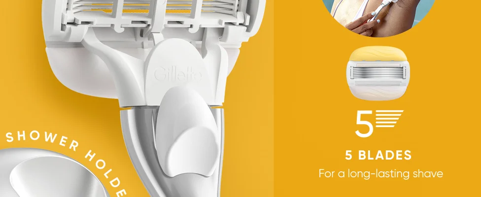 Shower holder and Pro ComfortGlide razor head with 5 blades for a long-lasting shave.