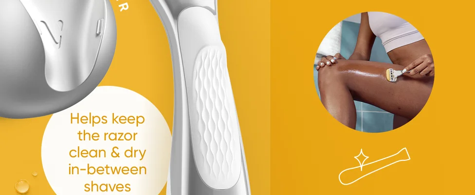 Middle part of handle. Text explains shower holder helps keep razor clean and dry.