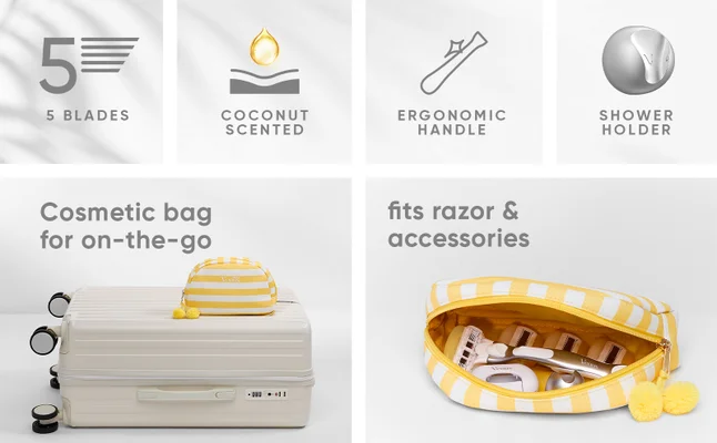Highlights of the razor: 5 blades, coconut scented, ergonomic handle, shower holder. The cosmetic bag for on-the-go fits razor and accessories