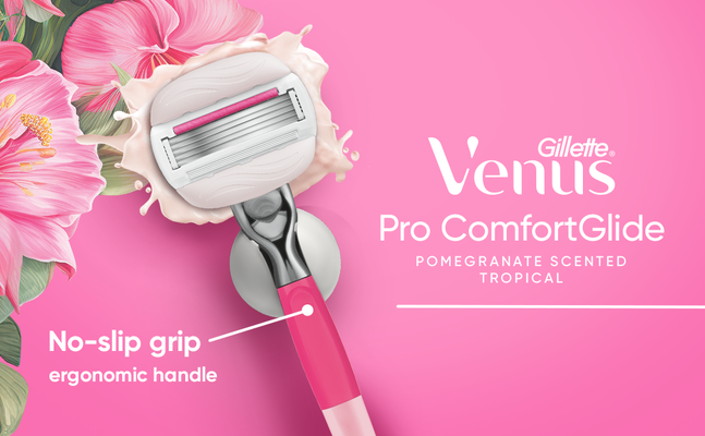 Gillette Venus Pro ComfortGlide Tropical with a no-slip grip ergonomic handle.