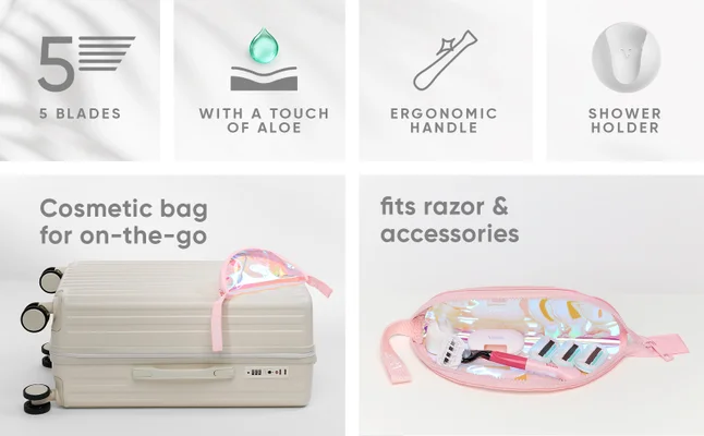 Highlights of the razor: 5 blades, with a touch of aloe, ergonomic handle, shower holder. The cosmetic bag for on-the-go fits razor and accessories