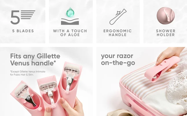 Highlights of the razor: 5 blades, with a touch of aloe, ergonomic handle, shower holder. Highlights of the Travel Case: fits with any Venus razor.