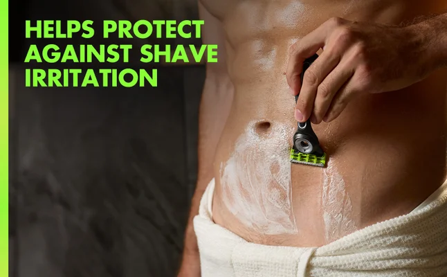 Gillette BODY razor shaving the lower abdomen with shaving cream, helping protect against shave irritation.