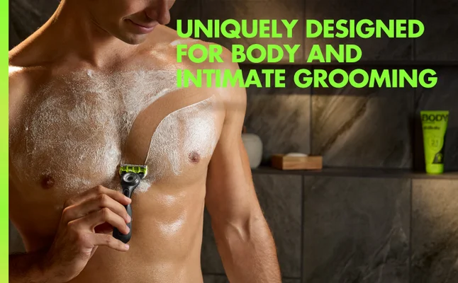 Gillette BODY razor used on the chest with shaving cream, designed for body and intimate grooming.