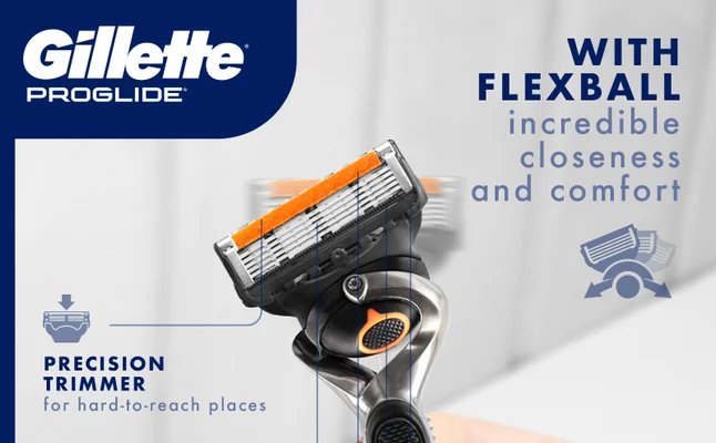 Razor head with FlexBall and precision trimmer for closeness and hard-to-reach places.