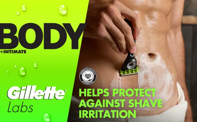Gillette Labs BODY razor shaving the lower abdomen with shaving cream, helping protect against shave irritation.