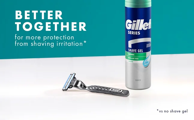 Gillette Mach3 razor paired with Gillette Series Sensitive Shave Gel for reduced shaving irritation.