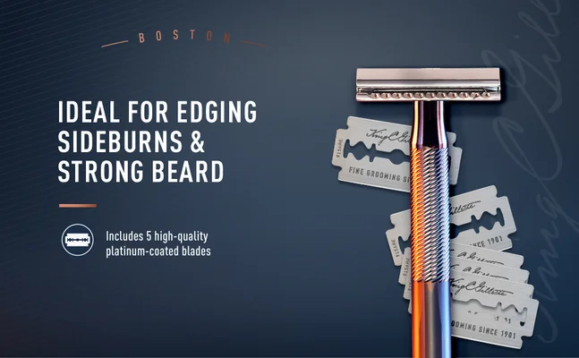 King C. Gillette double edge safety razor with platinum-coated blades for precise beard and sideburn edging.