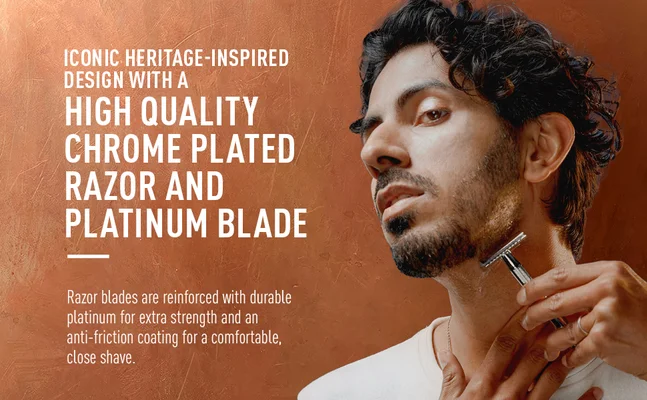 Person shaving beard neckline with King C. Gillette chrome-plated safety razor and platinum blade.