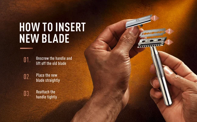 Step-by-step guide showing how to replace the blade in a King C. Gillette double edge safety razor.