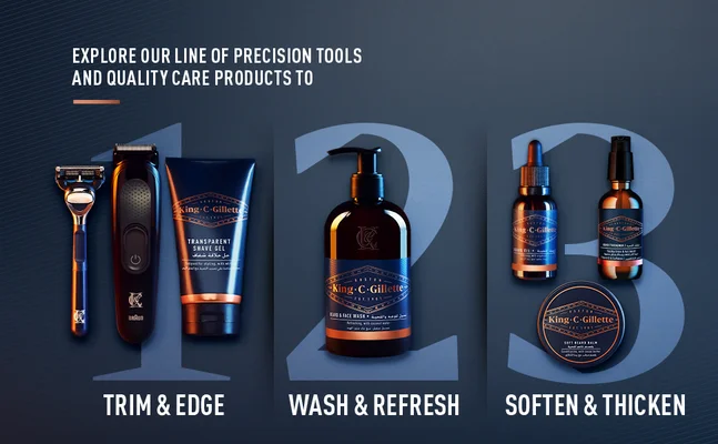 King C. Gillette grooming range featuring shaving, beard care and styling products.