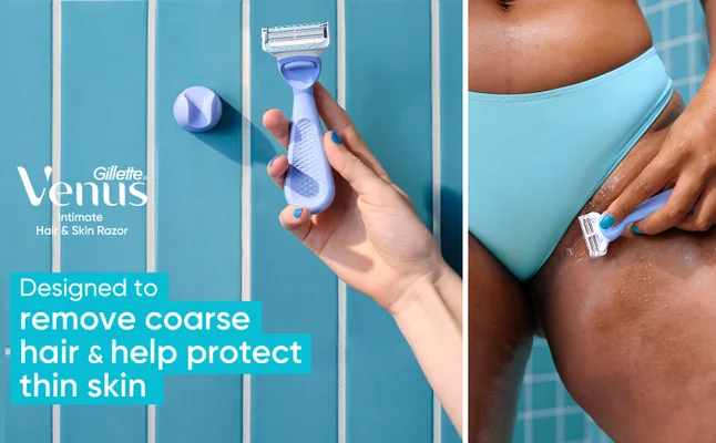 Split-screen shows hand holding Intimate Hair & Skin Razor and a woman shaving with it.
