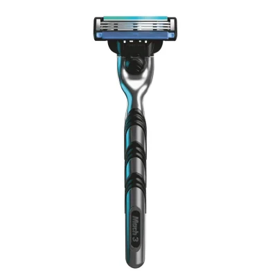 Gillette Mach 3 razor with three blades and lubricating strip.