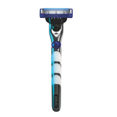 Gillette Mach3 razor with a blue cartridge and a handle with three white, textured grips.