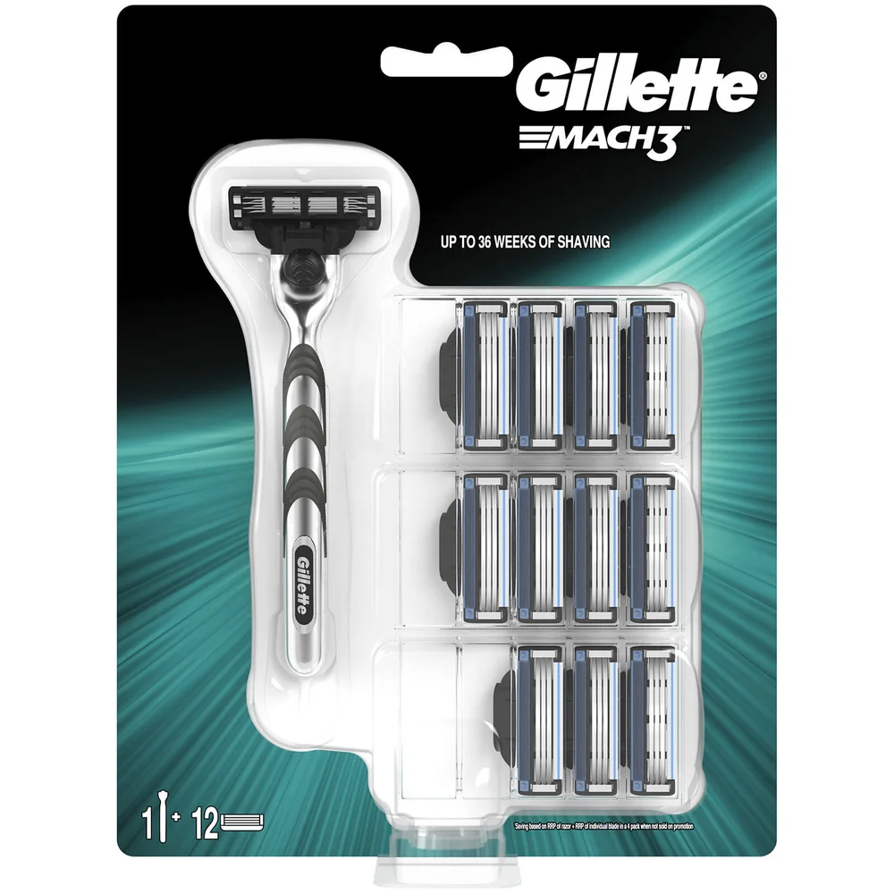 Gillette Mach3 Men's Razor - 12 Blade Refills + Razor Handle Image 1