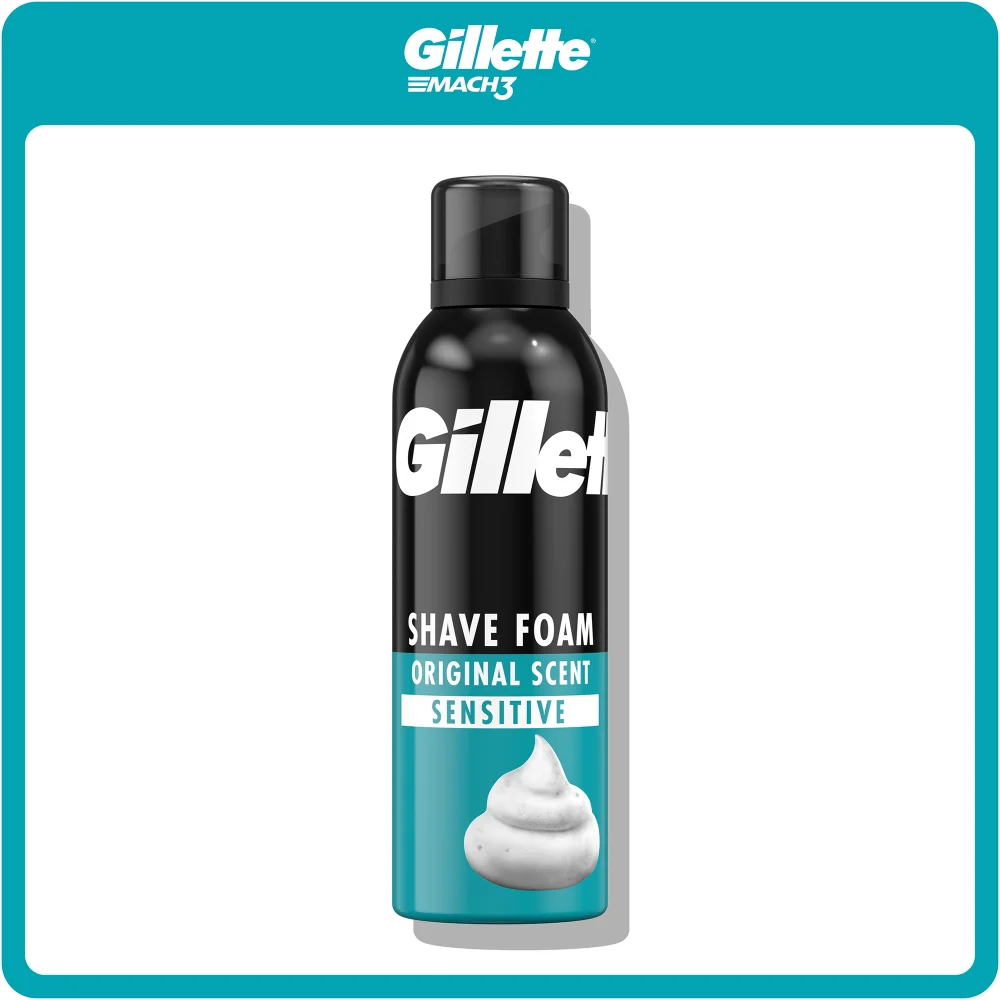 Gillette Shave Foam, Original Scent Sensitive, featuring a white foam graphic.