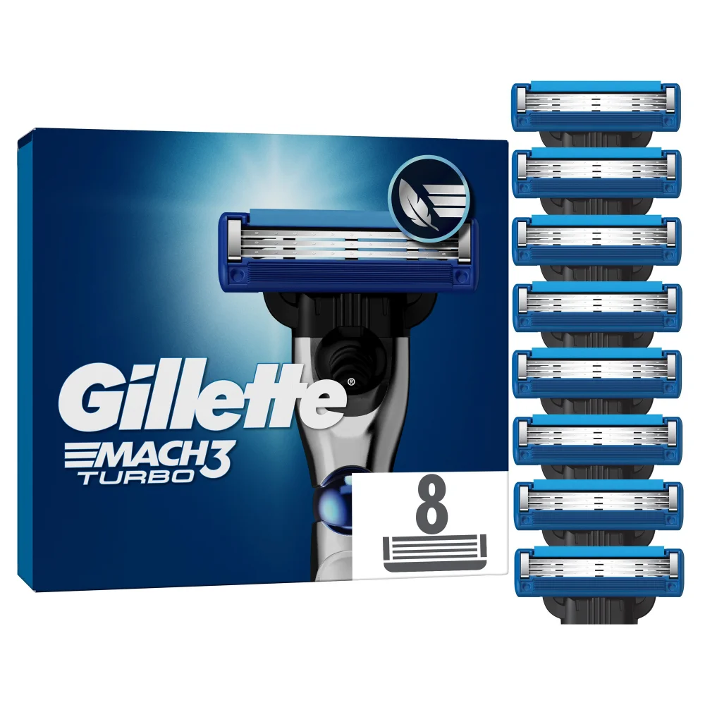 Gillette Mach3 Turbo razor with packaging and eight blade refills, highlighting the claim of a closer shave.