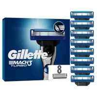 Gillette Mach3 Turbo razor with packaging and eight blade refills, highlighting the claim of a closer shave.
