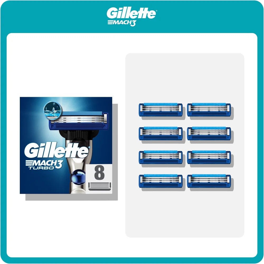 Gillette Mach3 Turbo razor blades, showing 8 refills from the pack.