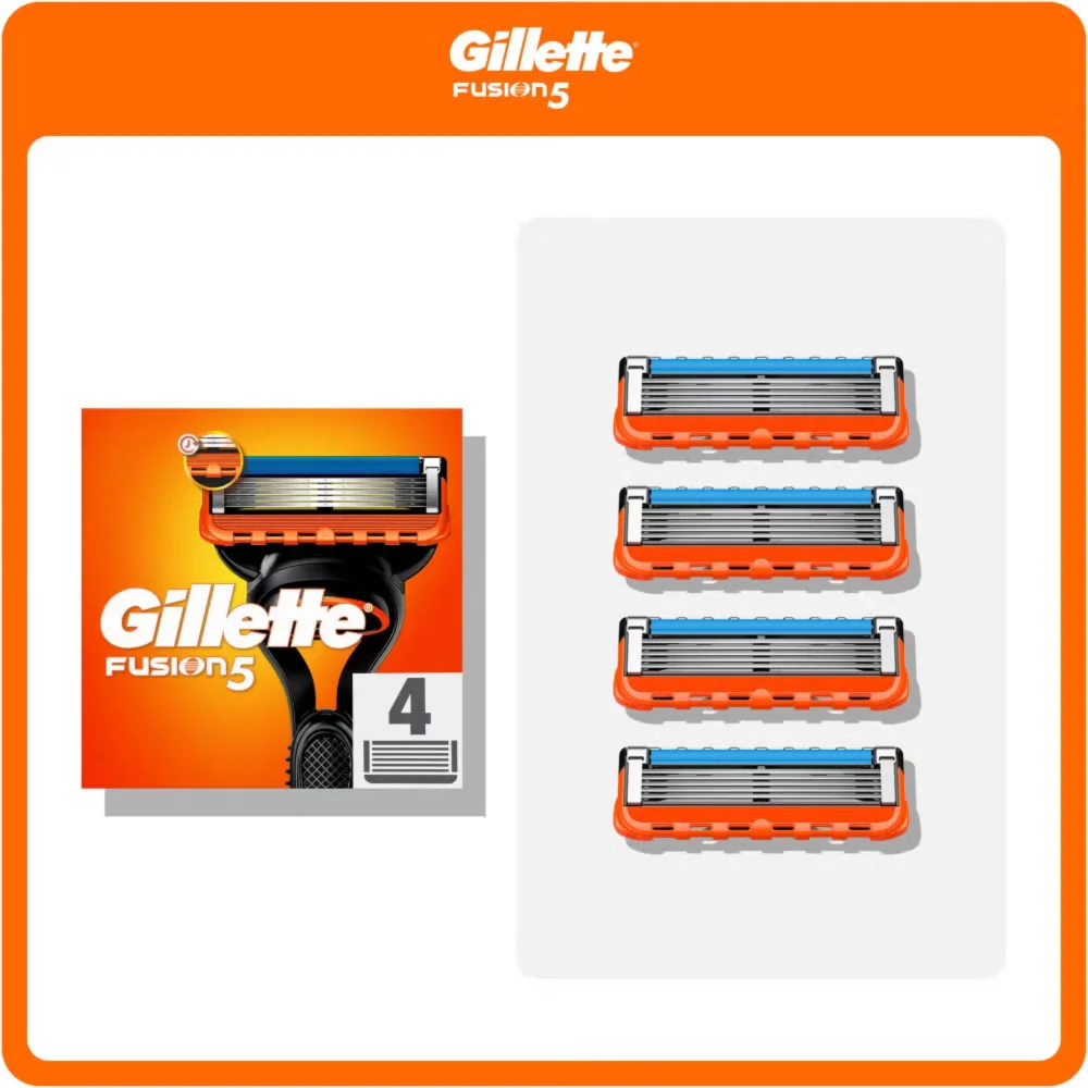 Gillette Fusion 5 razor blade refills, pack of 4, showing the lubrication before and after the blades.