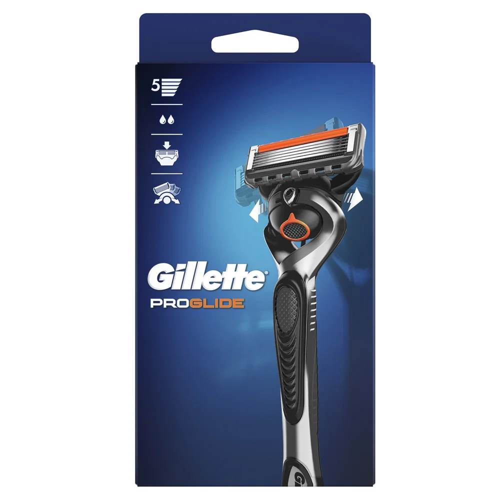 Gillette ProGlide razor packaging, highlighting 5 blades and a flexible head.