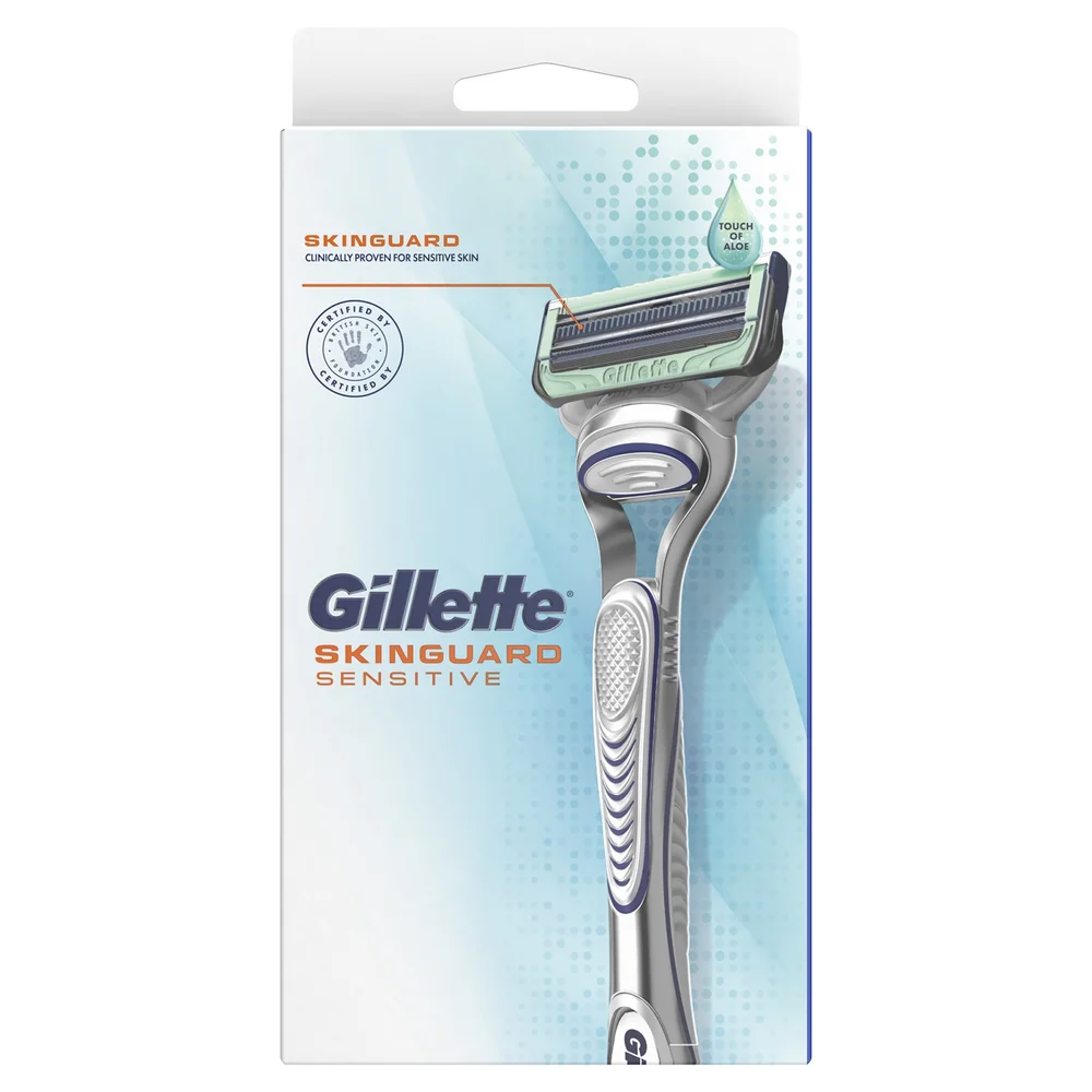 Gillette Skinguard Sensitive razor packaging, clinically proven for sensitive skin.