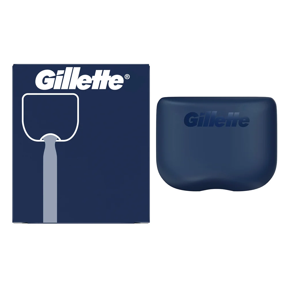Gillette razor stand box with a razor outline graphic and the navy blue stand.