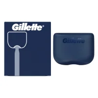 Gillette razor stand box with a razor outline graphic and the navy blue stand.