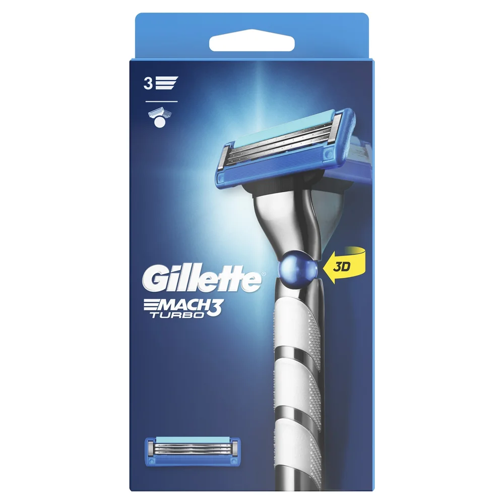 Gillette Mach3 Turbo razor packaging, highlighting 3 blades and 3D flexibility.