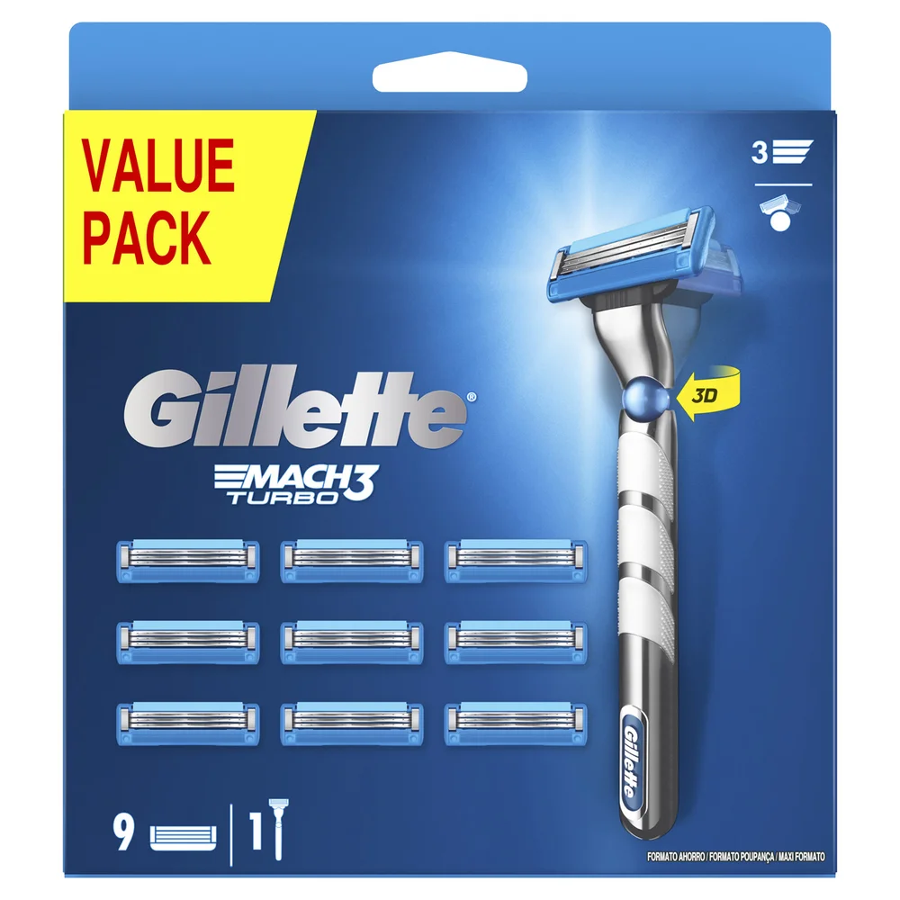 Gillette Mach 3 Turbo 3D Value Pack, Razor + 9 Razor Blades Image 1