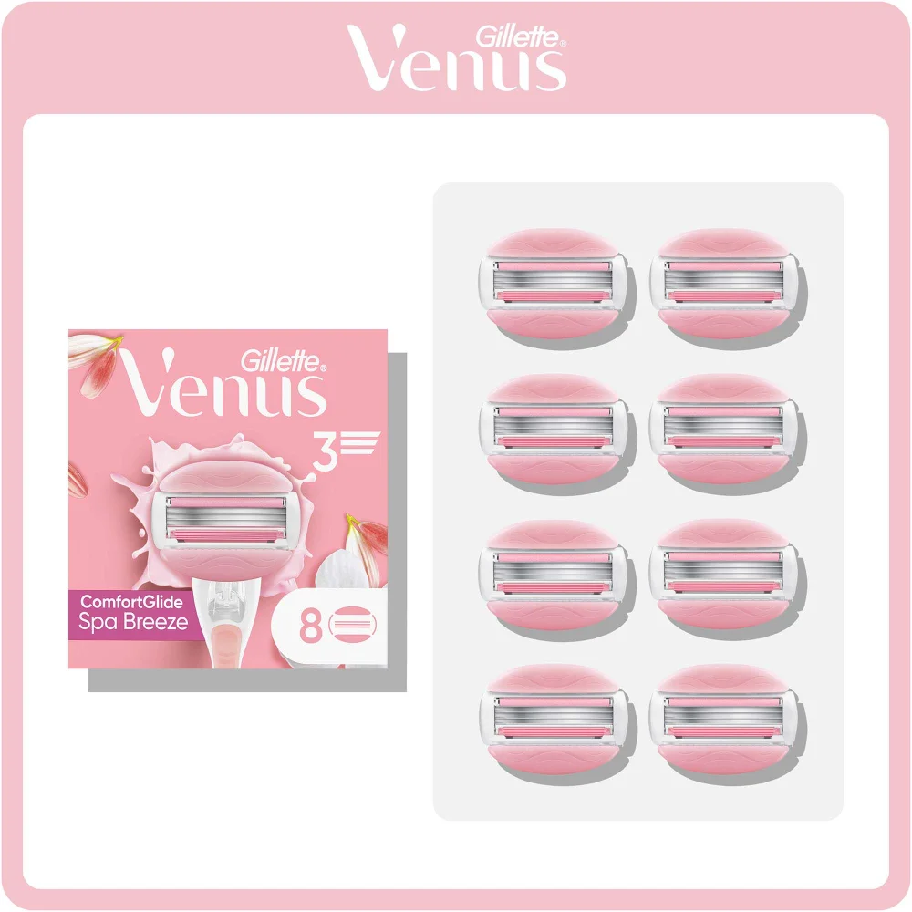 Gillette Venus ComfortGlide Spa Breeze razor blades packaging, highlighting 8 refills.
