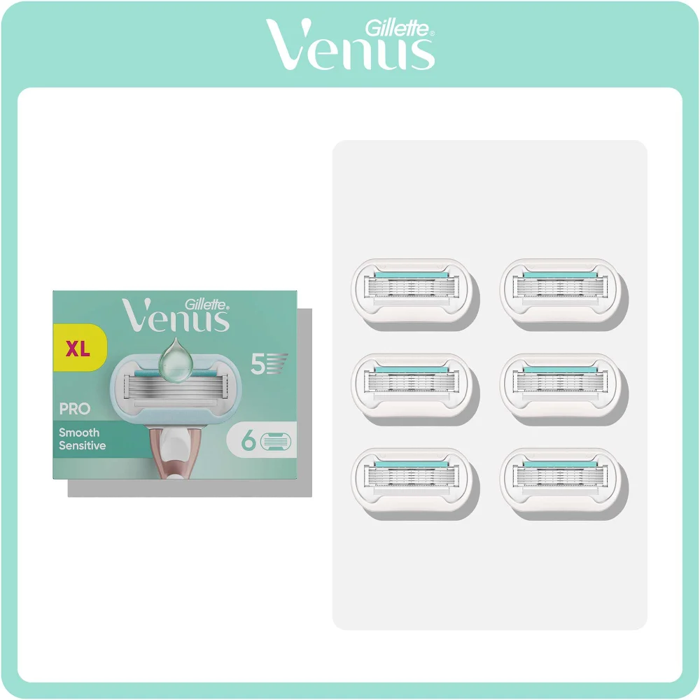 Gillette Venus PRO Smooth Sensitive razor cartridges XL 6-pack, showing packaging and blades.