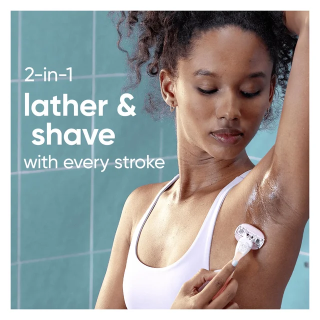 Venus razor demonstrates 2-in-1 lather and shave with every stroke on a woman's underarm.