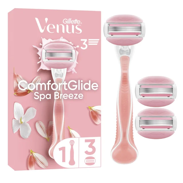 Venus ComfortGlide Spa Breeze razor packaging, showing the razor and two additional blade refills.