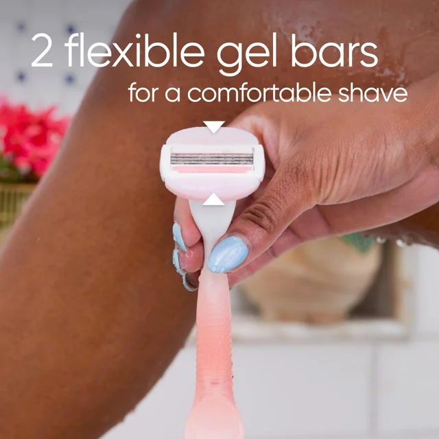 Venus razor held by a woman, highlighting the benefit of two flexible gel bars for a comfortable shave.