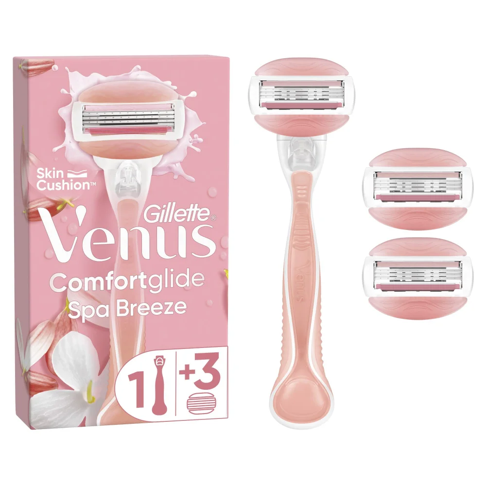Venus Comfortglide Spa Breeze razor shown with packaging indicating 1 razor plus 3 refills.