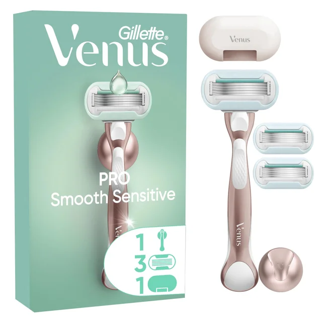 Venus Pro Smooth Sensitive razor packaging, showing the razor, three blade refills, and a travel case.