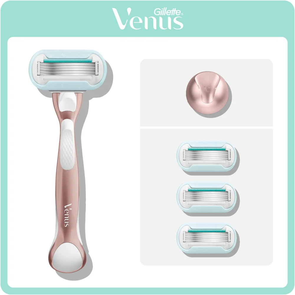 Gillette Venus Pro Smooth Sensitive razor packaging, showing the razor, three blade refills, and a travel case.